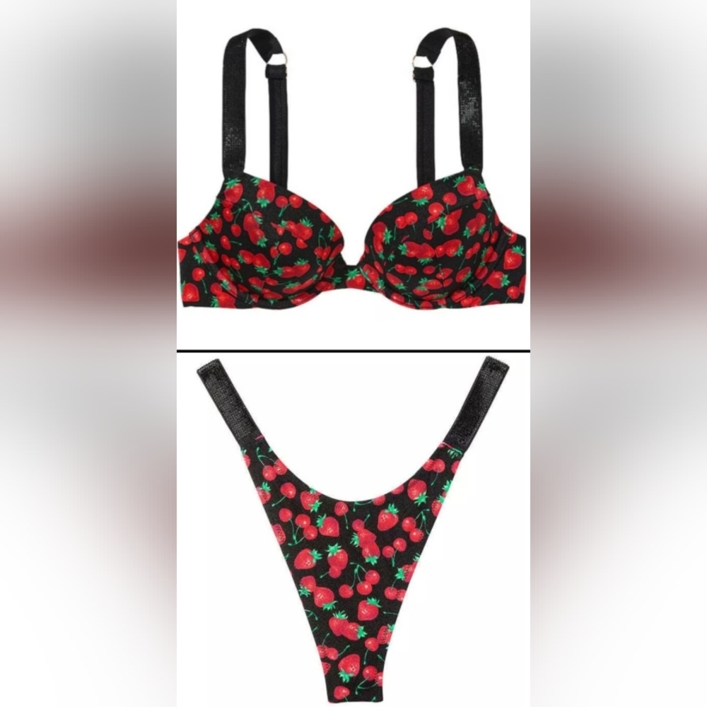 32DD/S VS Swim Shine Strap Sexy Tee Bikini Top Thong Bikini Set Strawberry